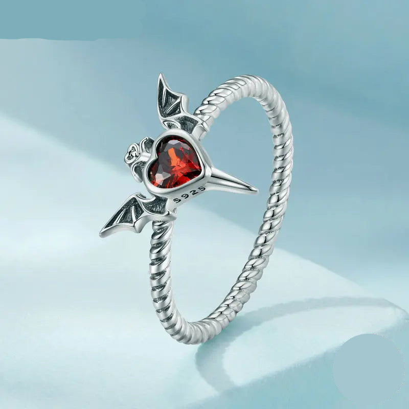 Gothic jewelry bat wings ring with black heart cz