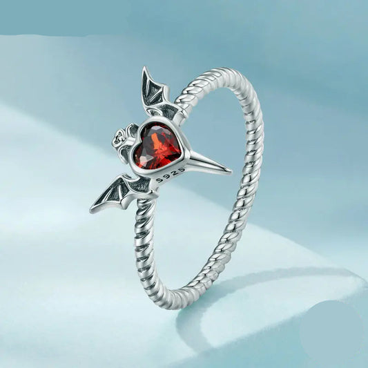 Gothic jewelry bat wings ring with black heart cz