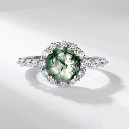 Moss agate engagement ring sterling silver with halo design
