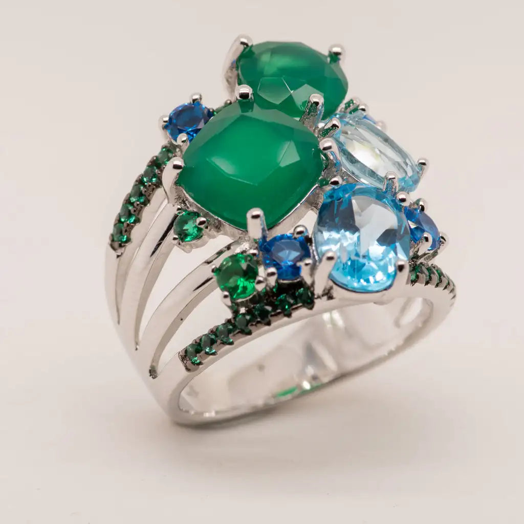 Blue topaz jewelry 925 sterling silver stack ring with green agate - GEMORM