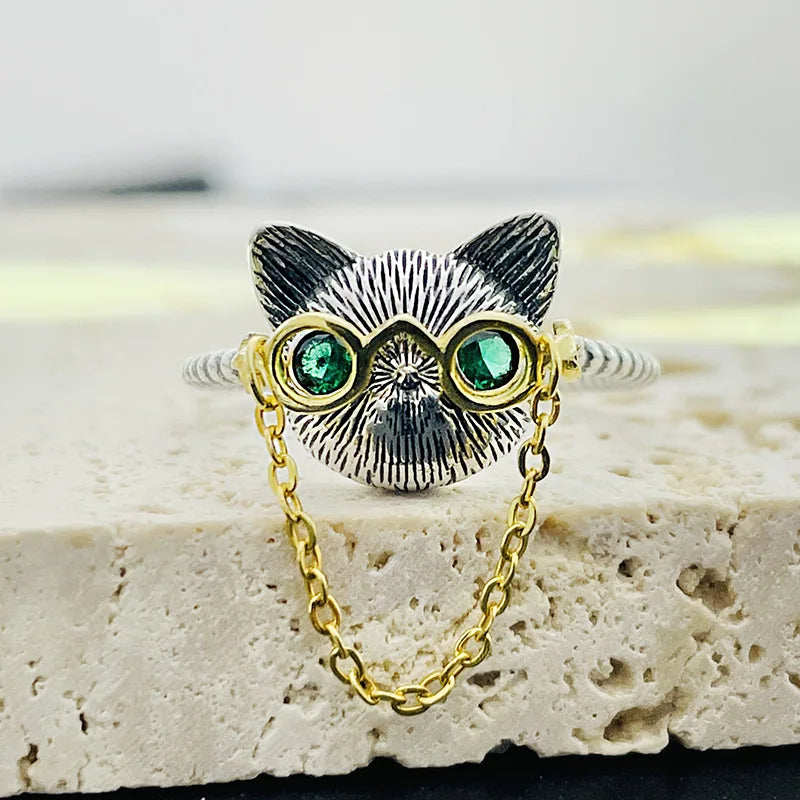 Cat eyeglasses adjustable ring with glass eyes