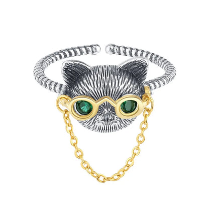 Cat eyeglasses adjustable ring with glass eyes