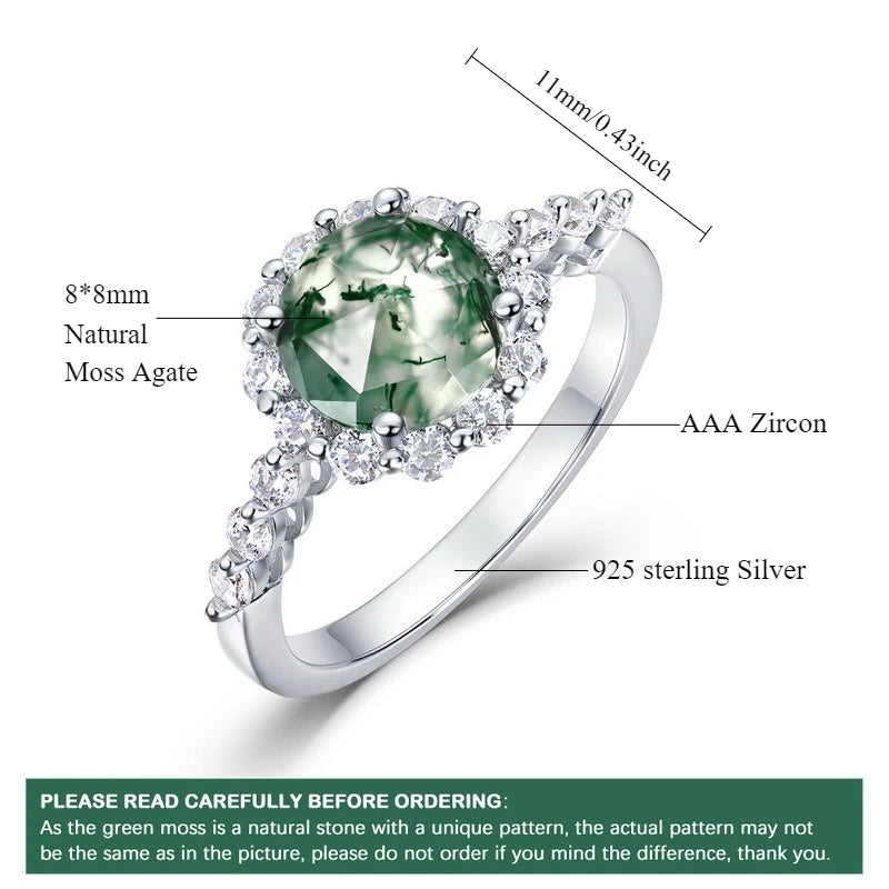 Moss agate engagement ring sterling silver with halo design