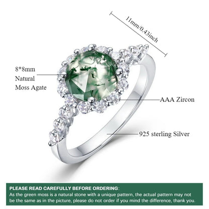 Moss agate engagement ring sterling silver with halo design