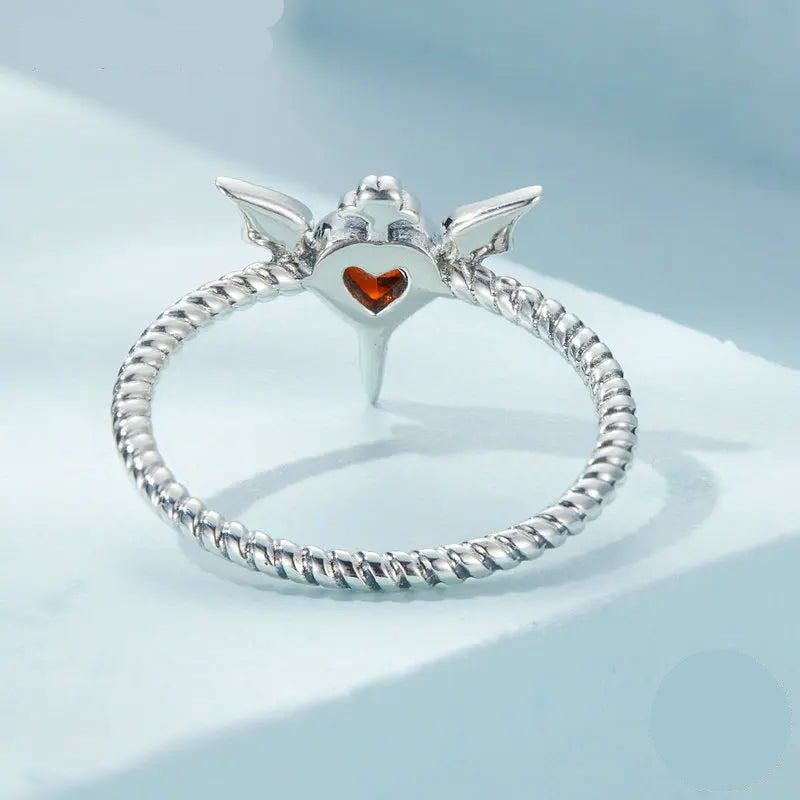 Gothic jewelry bat wings ring with black heart cz