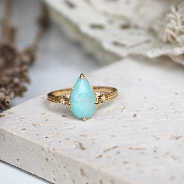 Amazonite stone ring 925 sterling silver water drop blue gemstone vintage ring - GEMORM