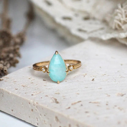Amazonite stone ring 925 sterling silver water drop blue gemstone vintage ring - GEMORM