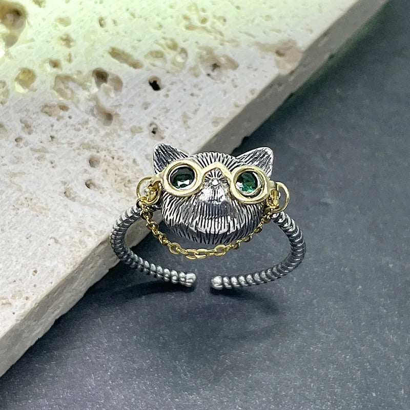 Cat eyeglasses adjustable ring with glass eyes