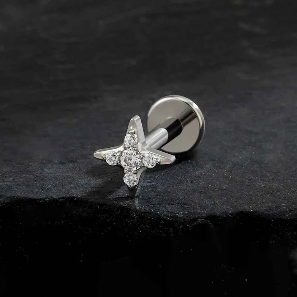 Titanium CZ Starburst Flat Back Labret 16G for Ear Piercings