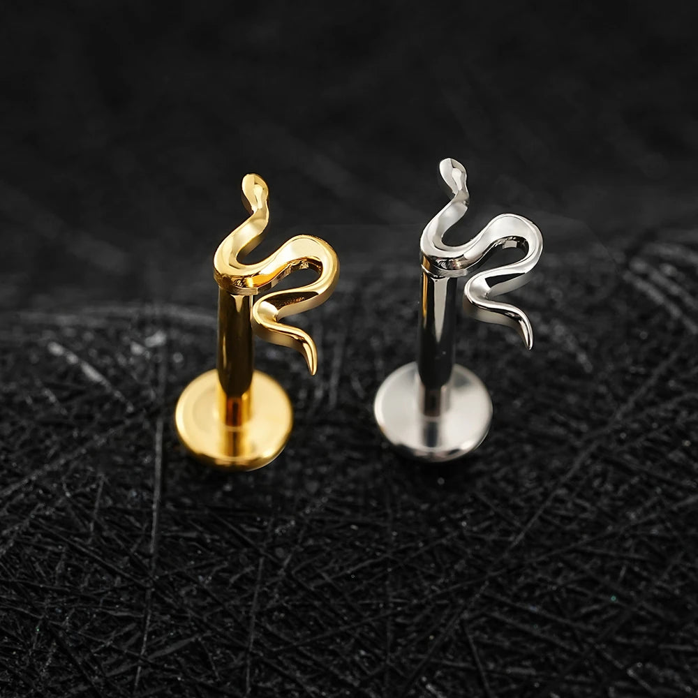 Mini Snake Cartilage Earring — 16G Titanium Flat Back Labret in Gold or Silver