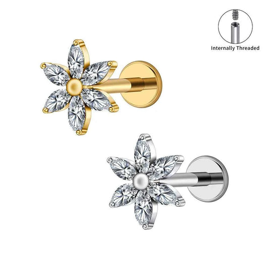 16G Titanium Marquise Flower CZ Flat Back Stud