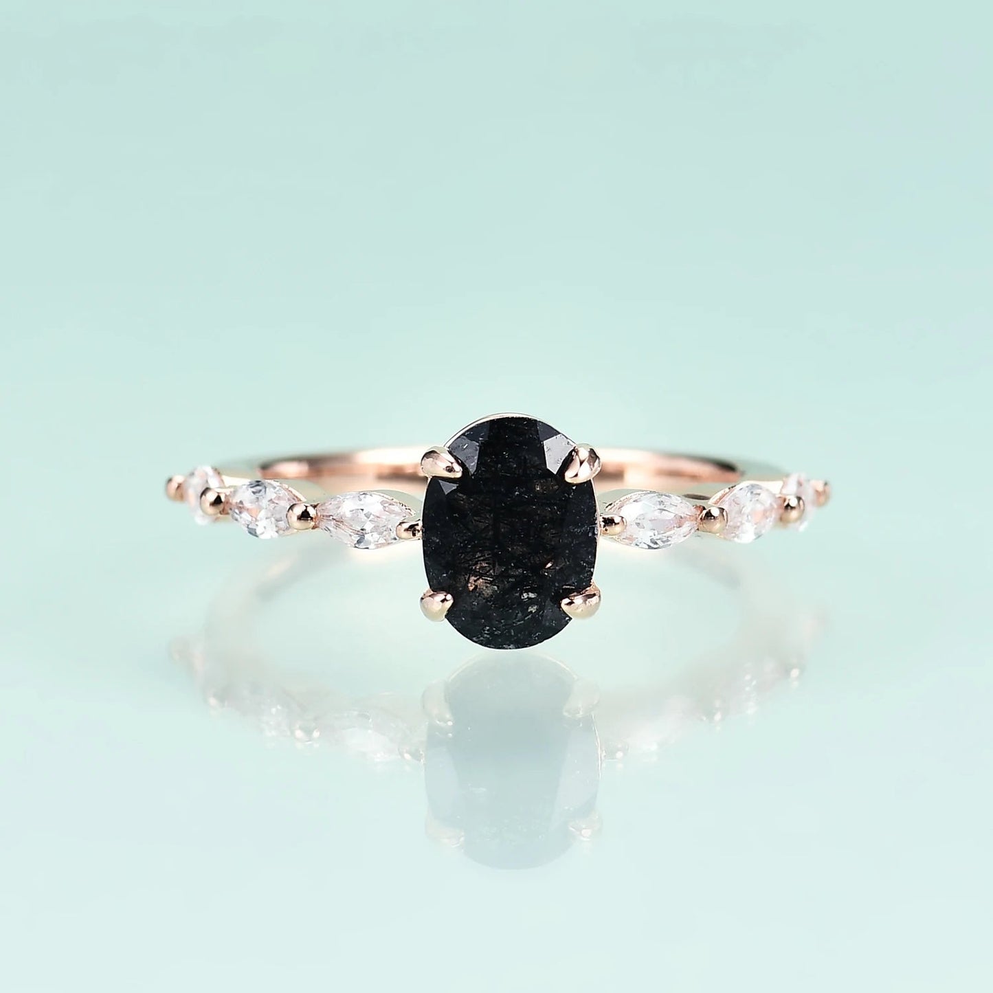Antique Oval Black Rutilated Quartz Engagement Ring Vintage Statement Design - GEMORM
