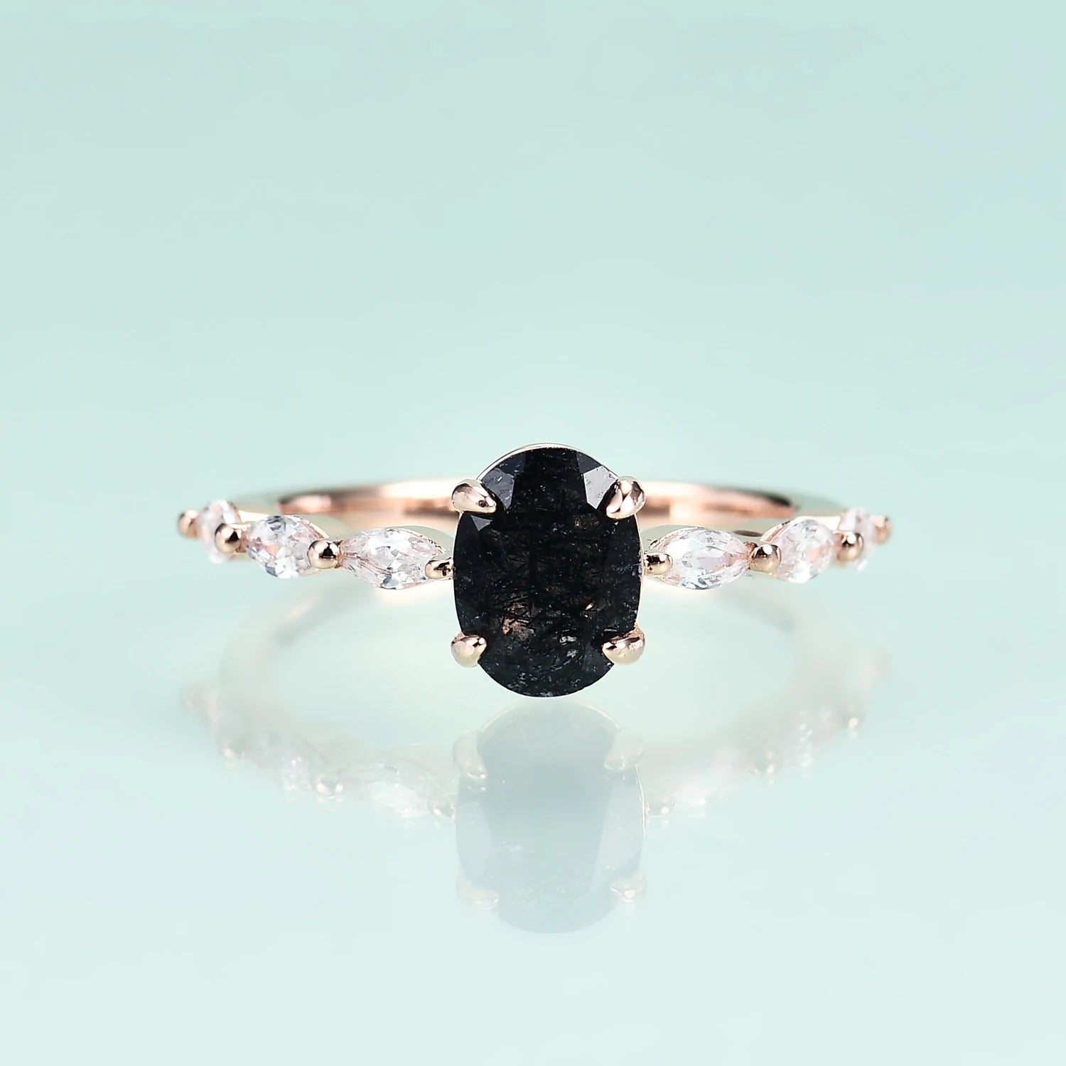 Antique Oval Black Rutilated Quartz Engagement Ring Vintage Statement Design - GEMORM
