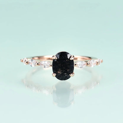 Antique Oval Black Rutilated Quartz Engagement Ring Vintage Statement Design - GEMORM