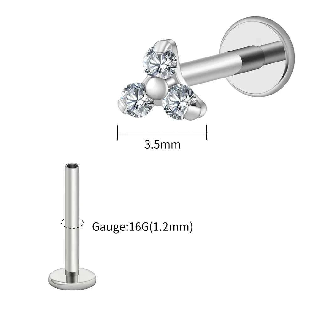 ASTM F136 Titanium Trinity CZ Flat Back Labret 16G Helix Tragus Conch Piercing