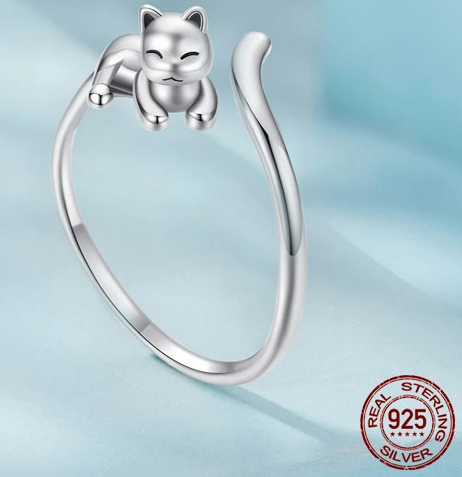 BAMOER 2025 Solid 925 Sterling Silver Cute Cat Adjustable Rings Lovely Cats Animals Open Ring Jewelry for Women SCR1116 - E - GEMORM