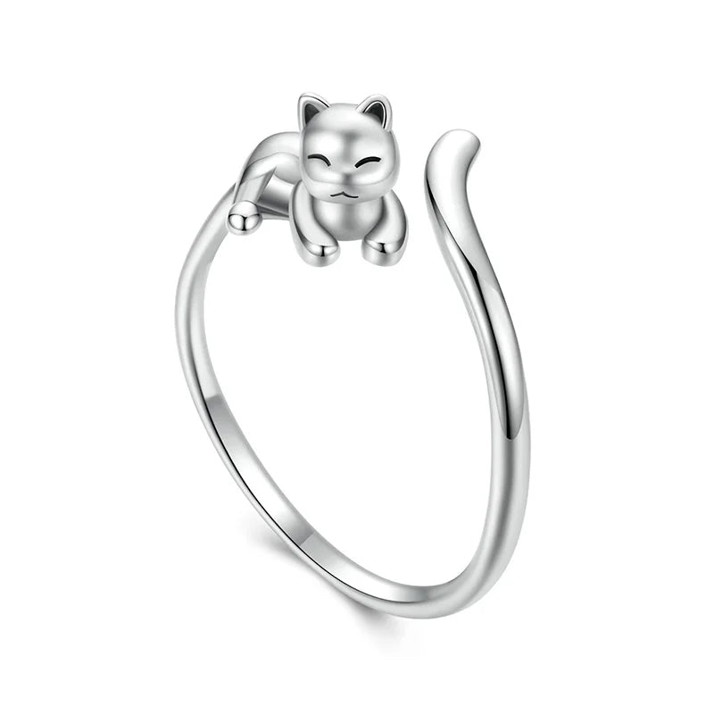 BAMOER 2025 Solid 925 Sterling Silver Cute Cat Adjustable Rings Lovely Cats Animals Open Ring Jewelry for Women SCR1116 - E - GEMORM