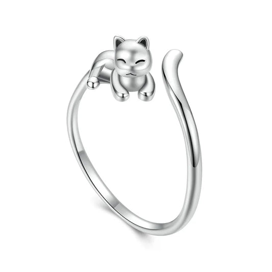 BAMOER 2025 Solid 925 Sterling Silver Cute Cat Adjustable Rings Lovely Cats Animals Open Ring Jewelry for Women SCR1116 - E - GEMORM