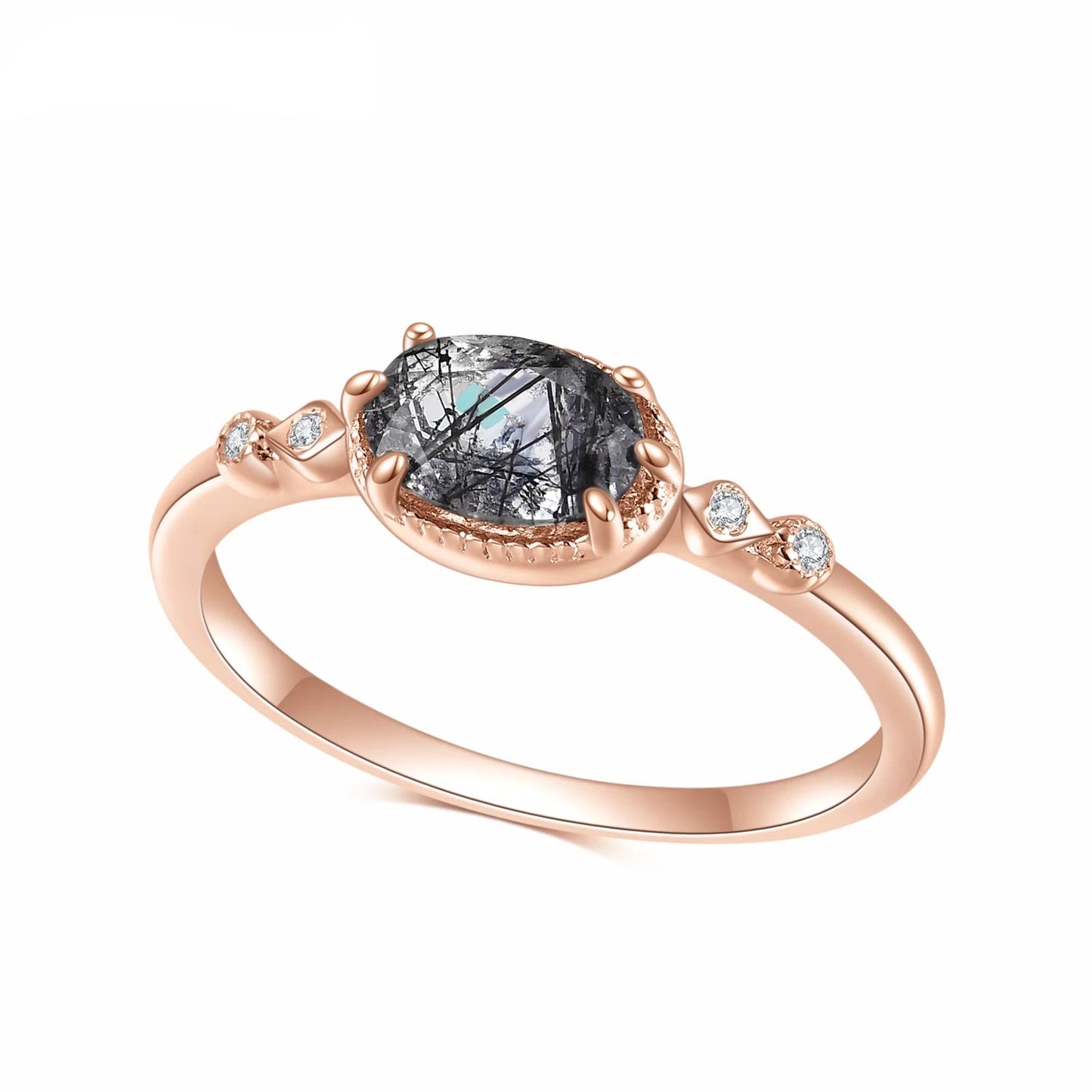 Black Rutilated Quartz Statement Ring Rose Gold Tone Sterling Silver - GEMORM