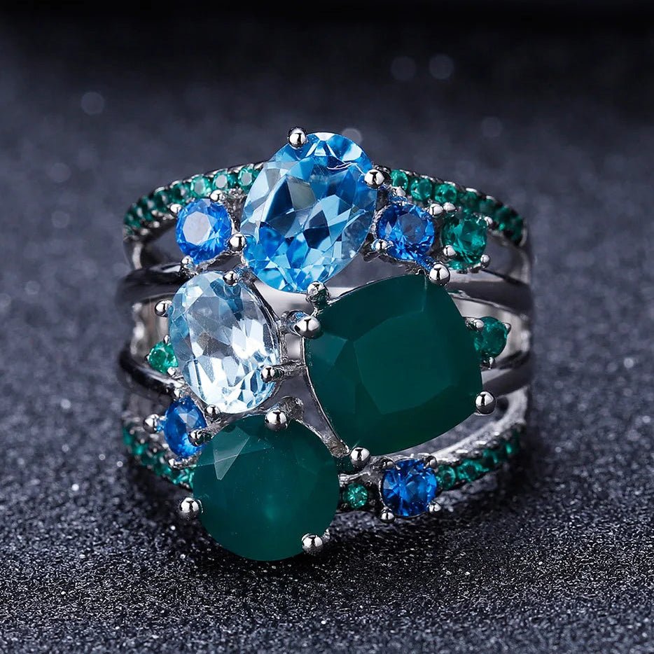 Blue topaz jewelry 925 sterling silver stack ring with green agate - GEMORM