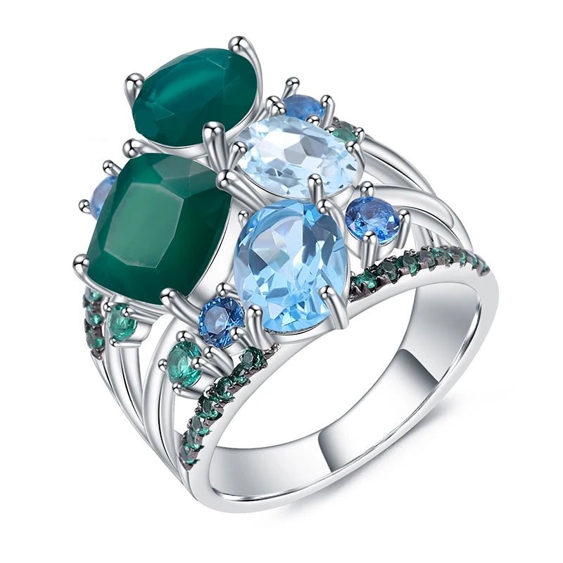 Blue topaz jewelry 925 sterling silver stack ring with green agate - GEMORM