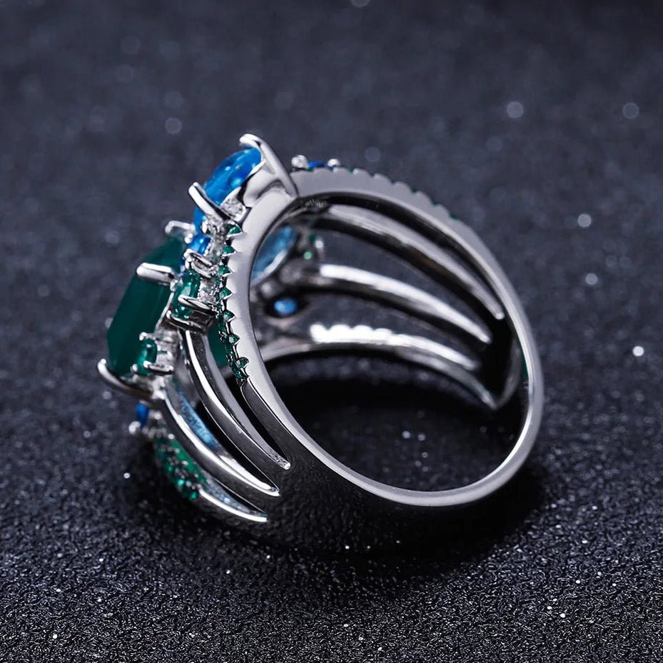 Blue topaz jewelry 925 sterling silver stack ring with green agate - GEMORM