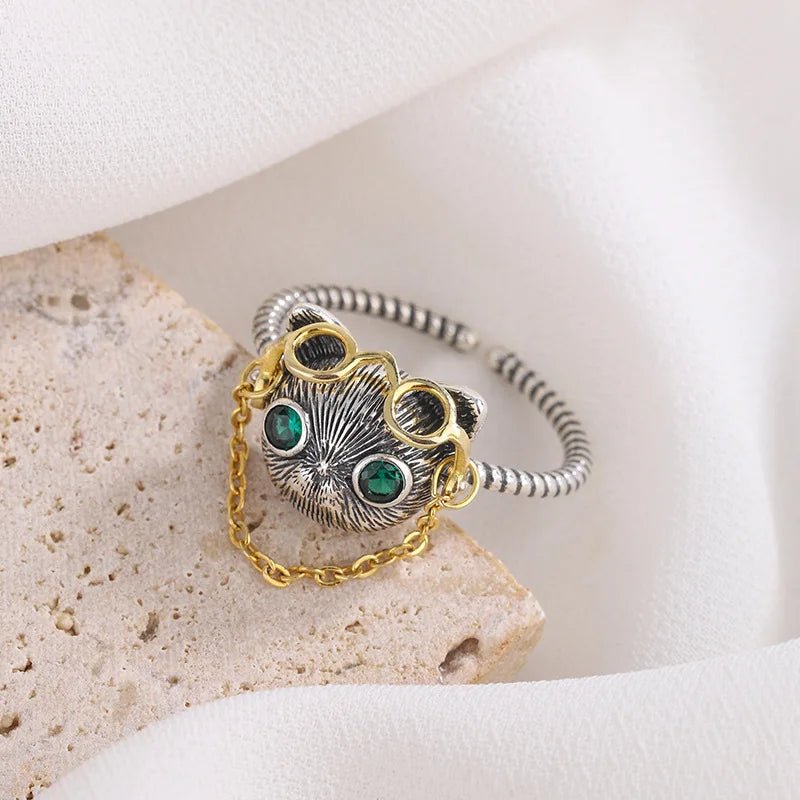 Cat eyeglasses adjustable ring with glass eyes - GEMORM