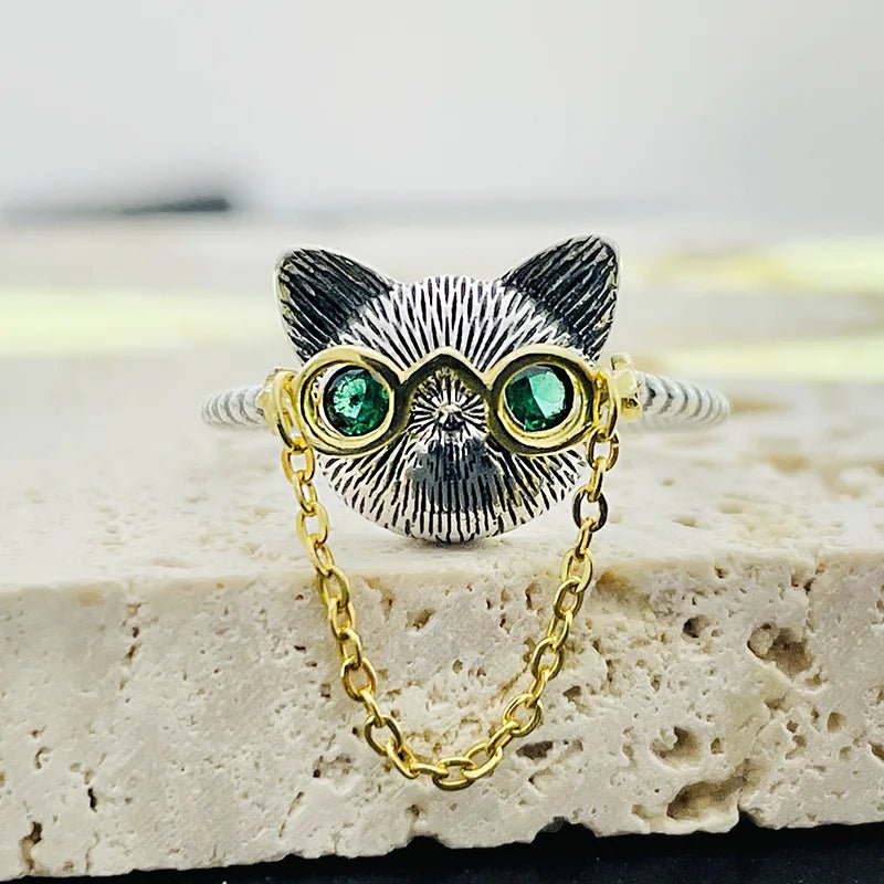 Cat eyeglasses adjustable ring with glass eyes - GEMORM