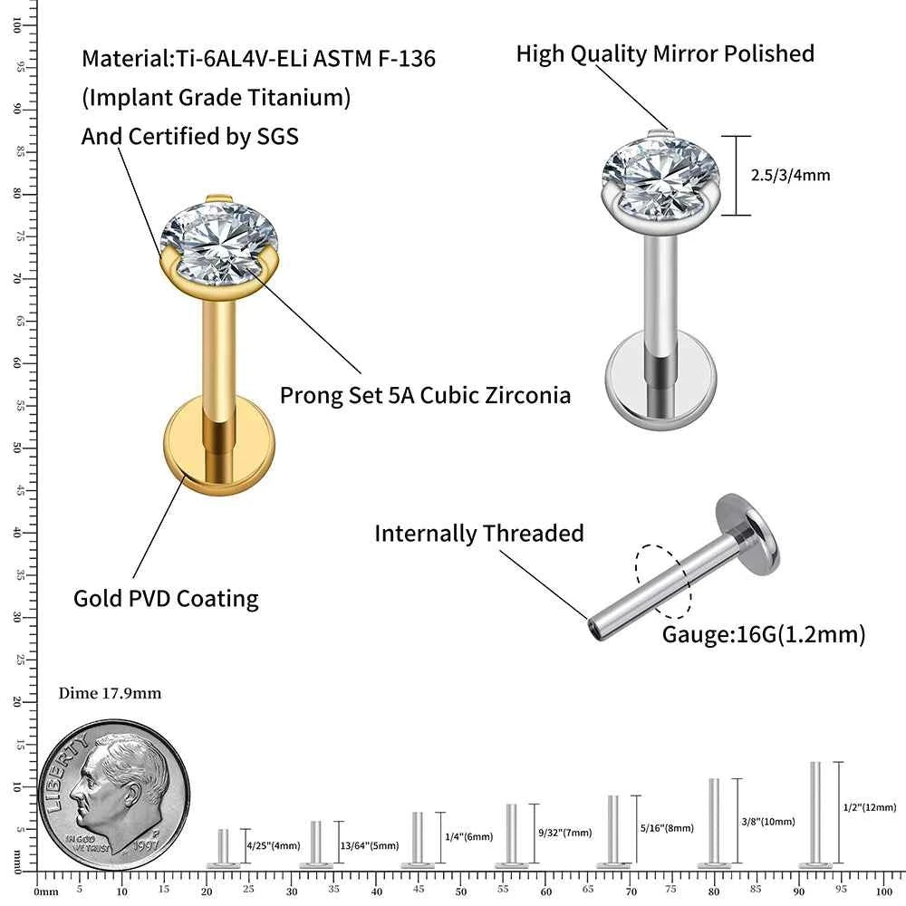 Classic Round CZ Titanium Labret — 2.5, 3 or 4 mm — product view 2