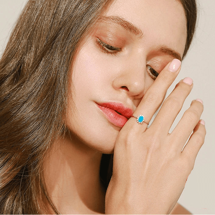 December birthstone turquoise halo ring in 925 sterling silver - GEMORM