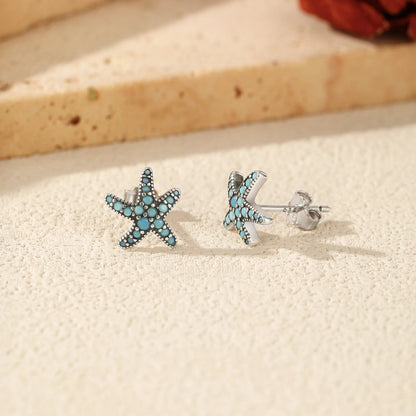 December birthstone turquoise starfish stud earrings for women vintage silver jewelry - GEMORM