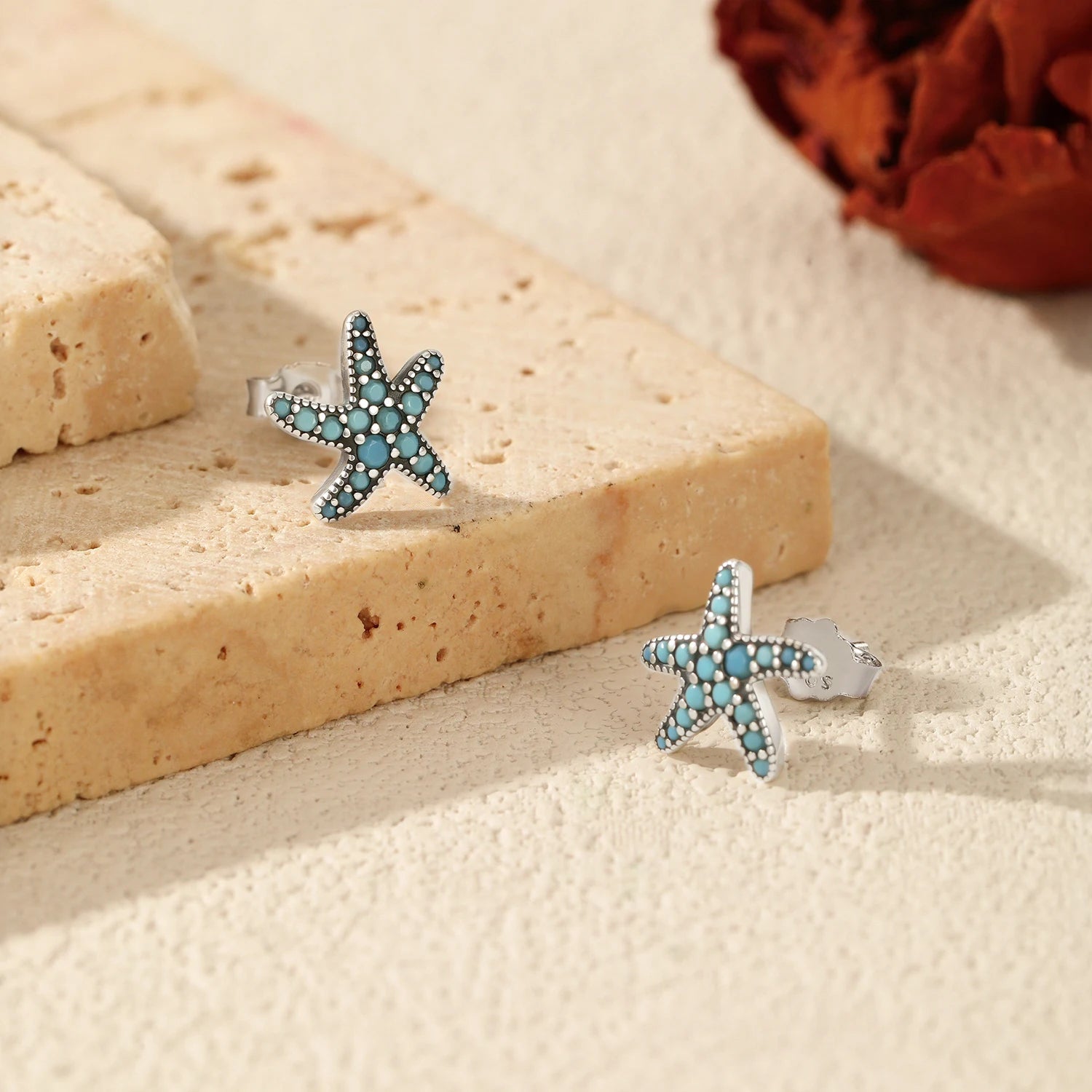 December birthstone turquoise starfish stud earrings for women vintage silver jewelry - GEMORM