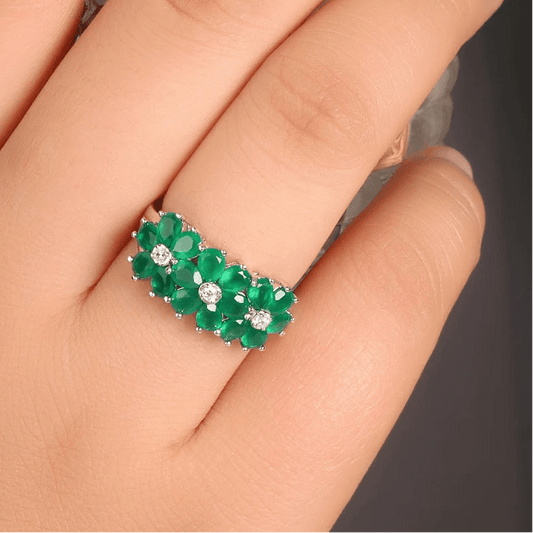 Green agate flower ring with elegant floral design - GEMORM