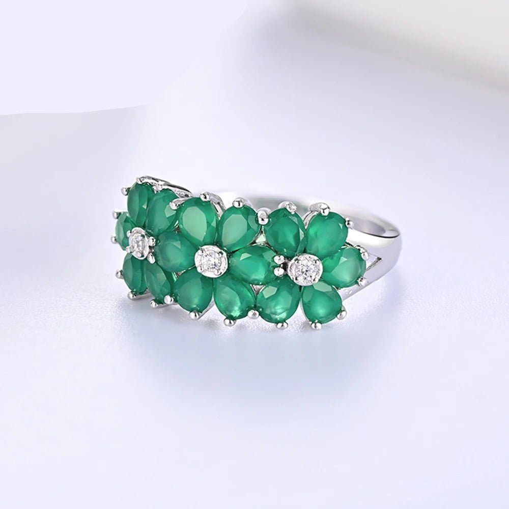 Green agate flower ring with elegant floral design - GEMORM