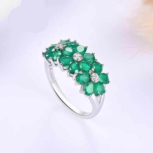 Green agate flower ring with elegant floral design - GEMORM