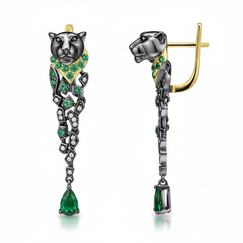 Leopard earrings in black rhodium with green spinel - GEMORM