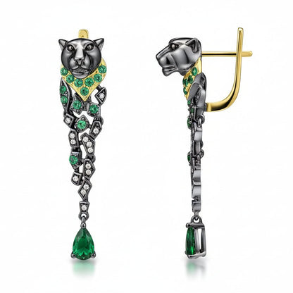 Leopard earrings in black rhodium with green spinel - GEMORM