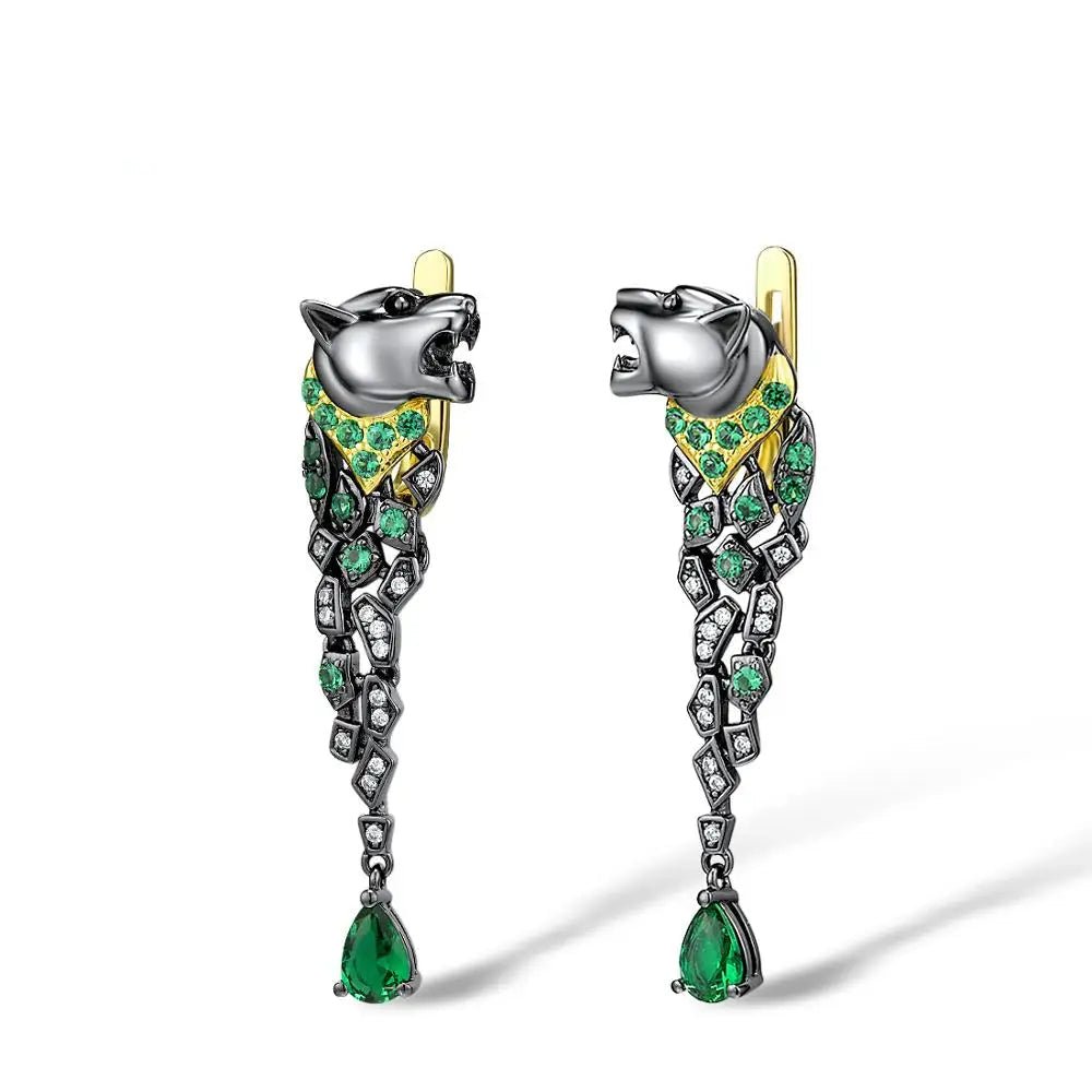 Leopard earrings in black rhodium with green spinel - GEMORM