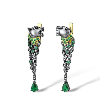 Leopard earrings in black rhodium with green spinel - GEMORM