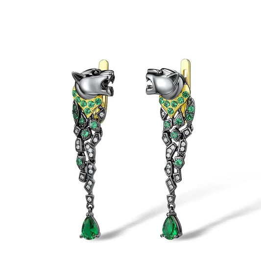 Leopard earrings in black rhodium with green spinel - GEMORM
