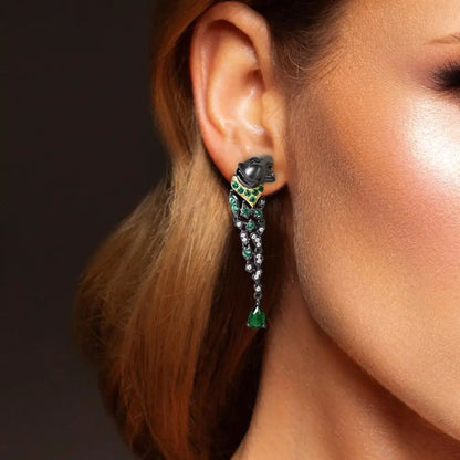 Leopard earrings in black rhodium with green spinel - GEMORM