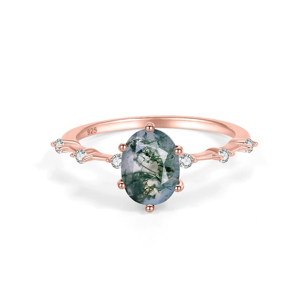 Moss agate engagement ring set oval natural stone 925 sterling silver - GEMORM