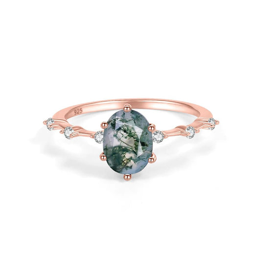 Moss agate engagement ring set oval natural stone 925 sterling silver - GEMORM