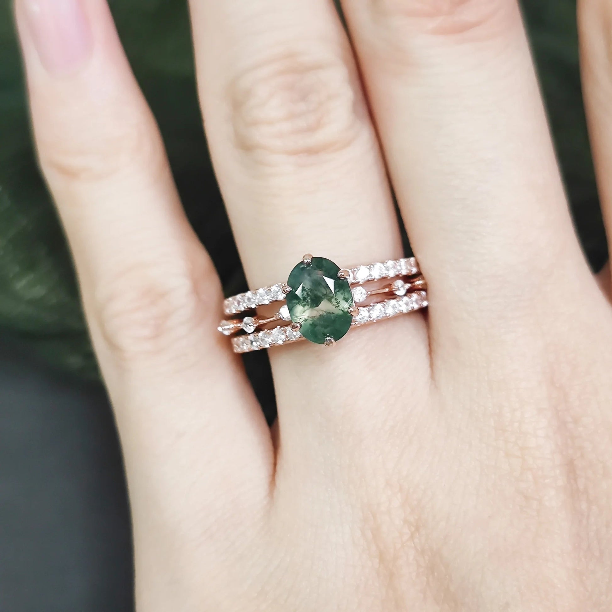 Moss agate engagement ring set oval natural stone 925 sterling silver - GEMORM