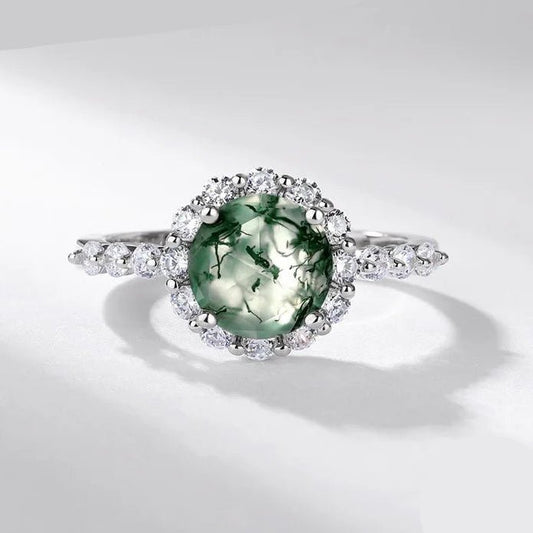 Moss agate engagement ring sterling silver with halo design - GEMORM