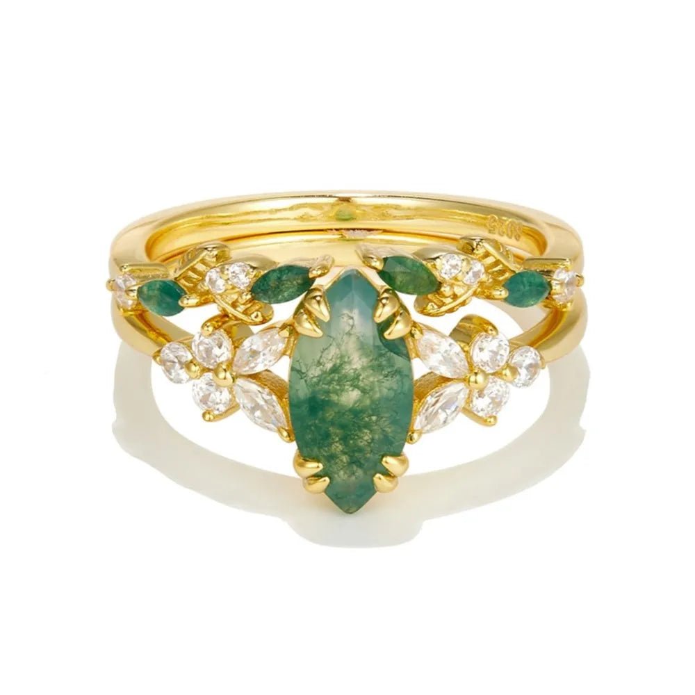 Moss agate ring gold plated 925 silver vintage cocktail jewelry for women