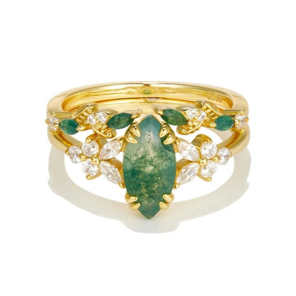 Moss agate ring gold plated 925 silver vintage cocktail jewelry for women