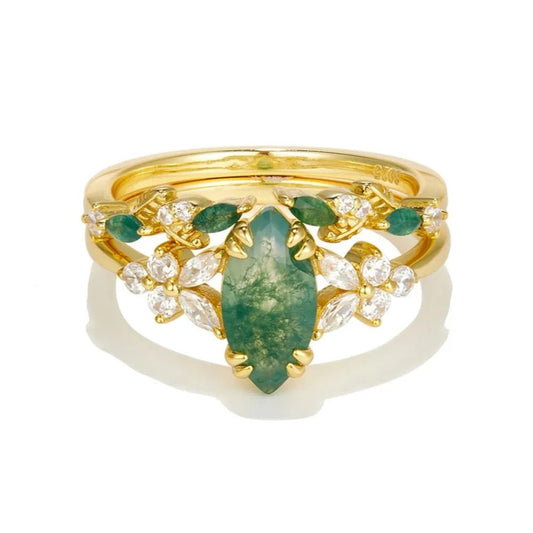 Moss agate ring gold plated 925 silver vintage cocktail jewelry for women