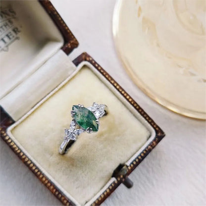 Moss agate ring gold plated 925 silver vintage cocktail jewelry for women