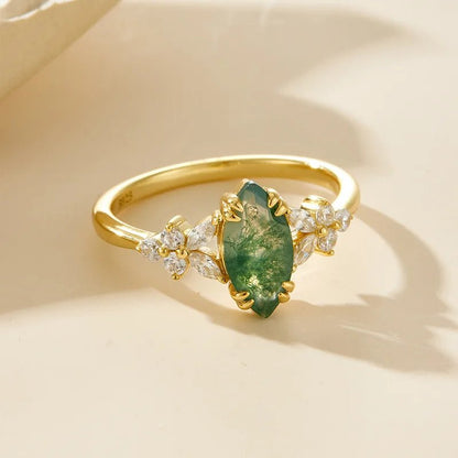 Moss agate ring gold plated 925 silver vintage cocktail jewelry for women
